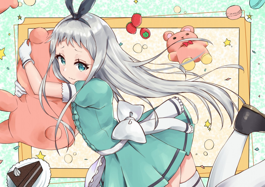 1boy :3 black_bow black_footwear blend_s blue_dress blue_eyes blush bow cake closed_mouth dress food fruit gloves hair_bow hairband kanzaki_hideri long_hair looking_at_viewer male_focus pleated_dress puffy_short_sleeves puffy_sleeves racchi. shoes short_sleeves silver_hair solo strawberry stuffed_animal stuffed_toy teddy_bear thigh-highs trap tray white_bow white_gloves white_legwear