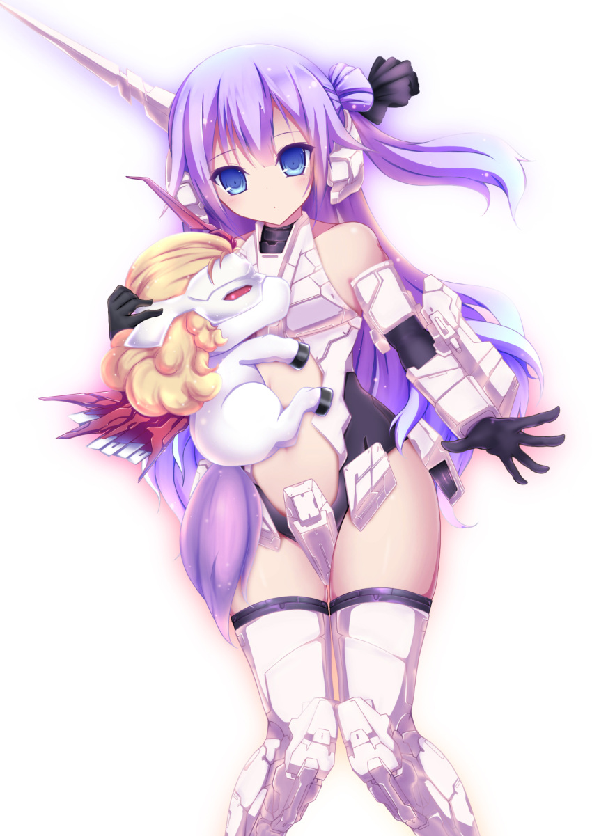 1girl :o akina_t arm_at_side azur_lane bangs bare_shoulders black_gloves black_leotard black_ribbon blue_eyes commentary_request elbow_gloves eyebrows_visible_through_hair gloves hair_between_eyes hair_bun hair_ribbon highres leotard long_hair looking_at_viewer navel object_hug one_side_up parted_lips purple_hair ribbon side_bun simple_background solo stuffed_animal stuffed_pegasus stuffed_toy stuffed_unicorn thigh-highs unicorn_(azur_lane) very_long_hair white_background