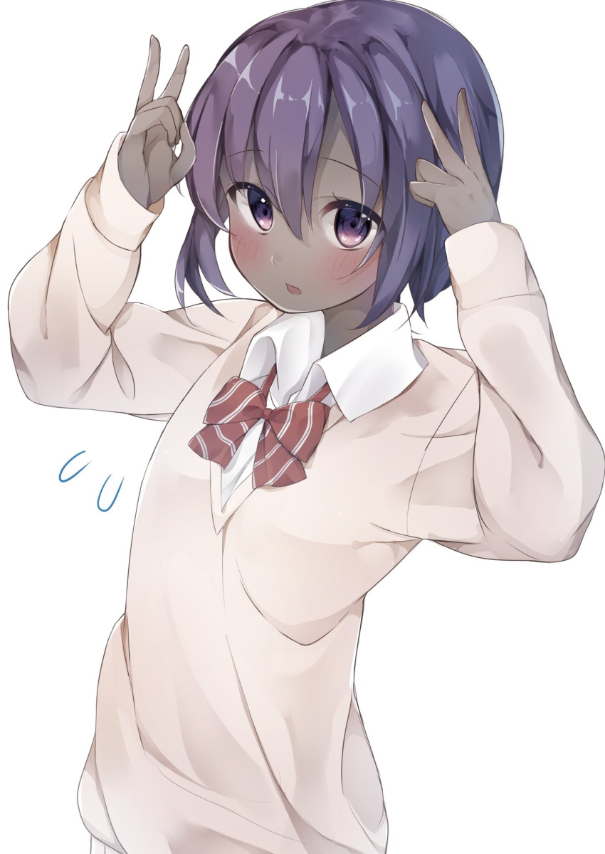 1girl alternate_costume artist_request assassin_(fate/prototype_fragments) blush commentary_request dark_skin fate/prototype fate/prototype:_fragments_of_blue_and_silver fate_(series) flying_sweatdrops highres looking_at_viewer purple_hair shirt short_hair solo vest violet_eyes white_background white_shirt