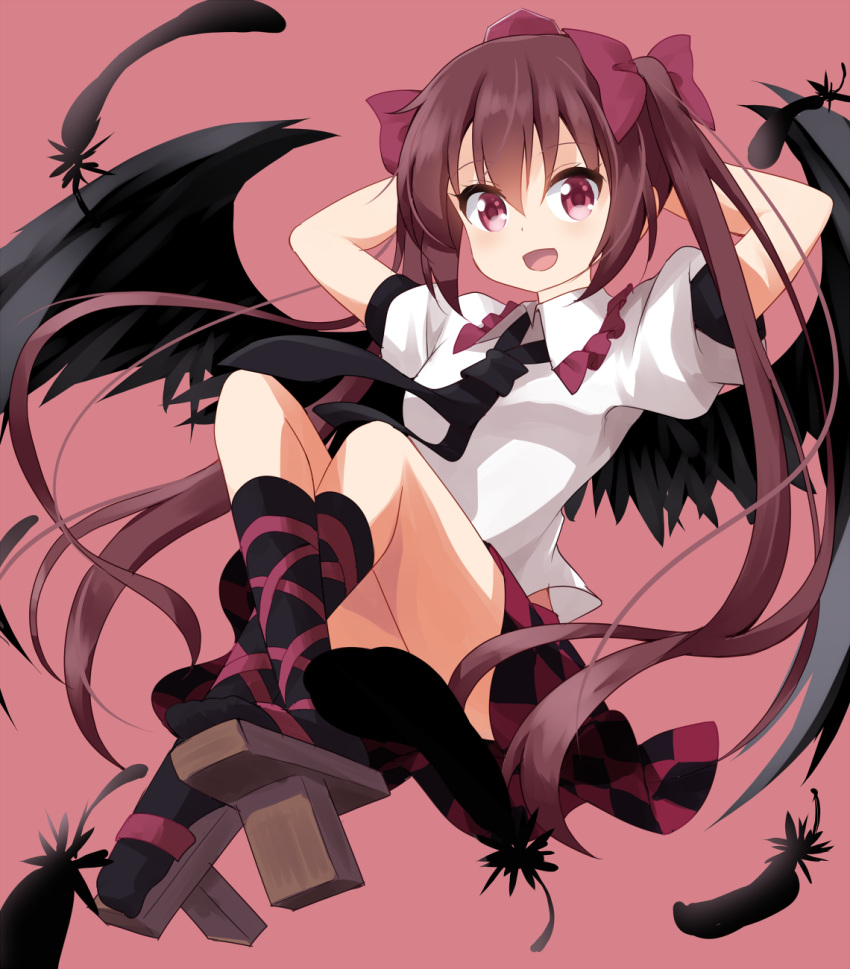 1girl arms_behind_head bird_wings black_feathers black_legwear black_neckwear black_wings blush bow breasts brown_hair checkered checkered_skirt feathered_wings frilled_shirt_collar frills full_body geta hair_between_eyes hair_bow hat highres himekaidou_hatate legs_crossed long_hair looking_at_viewer necktie pointy_ears puffy_short_sleeves puffy_sleeves ruu_(tksymkw) shirt short_sleeves skirt small_breasts smile socks solo tengu-geta tokin_hat touhou twintails very_long_hair violet_eyes white_shirt wings