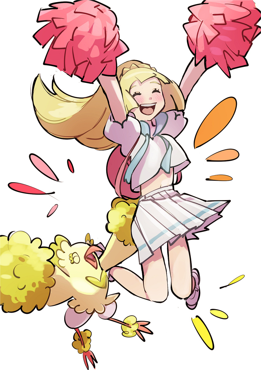 1girl backpack bag blonde_hair blush closed_eyes highres lillie_(pokemon) long_hair omiya599 open_mouth oricorio pokemon pokemon_(creature) pokemon_(game) pokemon_sm pom_poms ponytail shirt short_sleeves simple_background skirt white_background white_shirt white_skirt