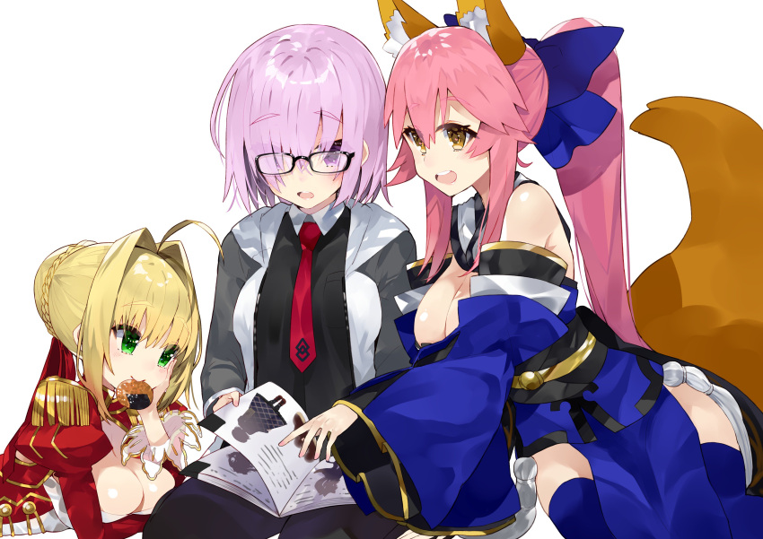 3girls :&gt; :d absurdres ahoge animal_ears bare_shoulders black-framed_eyewear black_dress black_legwear blonde_hair blue_bow blue_kimono blue_legwear blush book bow breast_pocket breasts brown_eyes cleavage cleavage_cutout cookie detached_collar detached_sleeves dress epaulettes eyebrows_visible_through_hair fate/grand_order fate_(series) food fox_ears fox_tail glasses green_eyes grey_jacket hair_bow hair_intakes hair_over_one_eye hair_ribbon hand_on_own_cheek highres jacket japanese_clothes juliet_sleeves kimono kou_mashiro large_breasts long_hair long_sleeves lying magazine mash_kyrielight medium_breasts mouth_hold multiple_girls nail_polish necktie nero_claudius_(fate) nero_claudius_(fate)_(all) on_stomach open_book open_clothes open_jacket open_mouth pantyhose pink_hair pink_nails pocket pointing ponytail puffy_sleeves reading reclining red_dress red_neckwear red_ribbon ribbon round_teeth sash see-through short_hair simple_background smile tail tamamo_(fate)_(all) tamamo_no_mae_(fate) teeth thigh-highs track_jacket upper_body violet_eyes white_background wide_sleeves