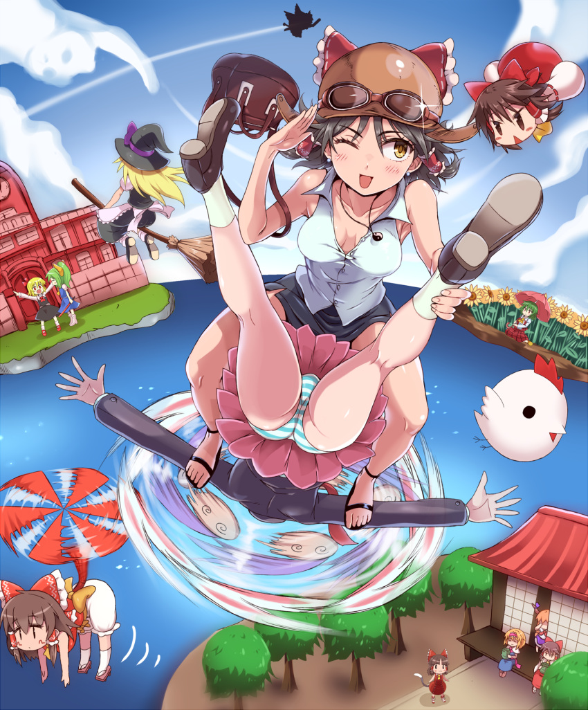 6+girls :3 @_@ animal_ears benikurage black_hair blonde_hair blush bow breasts broom broom_riding brown_hair cleavage closed_eyes closed_mouth collarbone cookie_(touhou) daiyousei earrings enperuto_(yarumi) eyebrows_visible_through_hair facing_another facing_away flying goggles goggles_on_headwear green_hair hair_bow hair_tubes hakurei_reimu hat hat_ribbon highres hinase_(cookie) hisui_(cookie) horns ibuki_suika jewelry kanna_(cookie) kazami_yuuka kneehighs large_breasts long_hair looking_at_another macota_(cookie) multiple_girls nadeko_(cookie) one_eye_closed open_mouth orange_hair panties pink_skirt purple_ribbon rabbit_ears red_bow red_eyes red_neckwear reisen_udongein_inaba reiuji_utsuho reu ribbon rumia sakenomi_(cookie) sananana sandals short_hair short_ponytail side_ponytail sitting skirt smile socks striped striped_panties touhou tree underwear uzuki_(cookie) white_legwear witch_hat yamin_(cookie) yellow_bow yellow_eyes