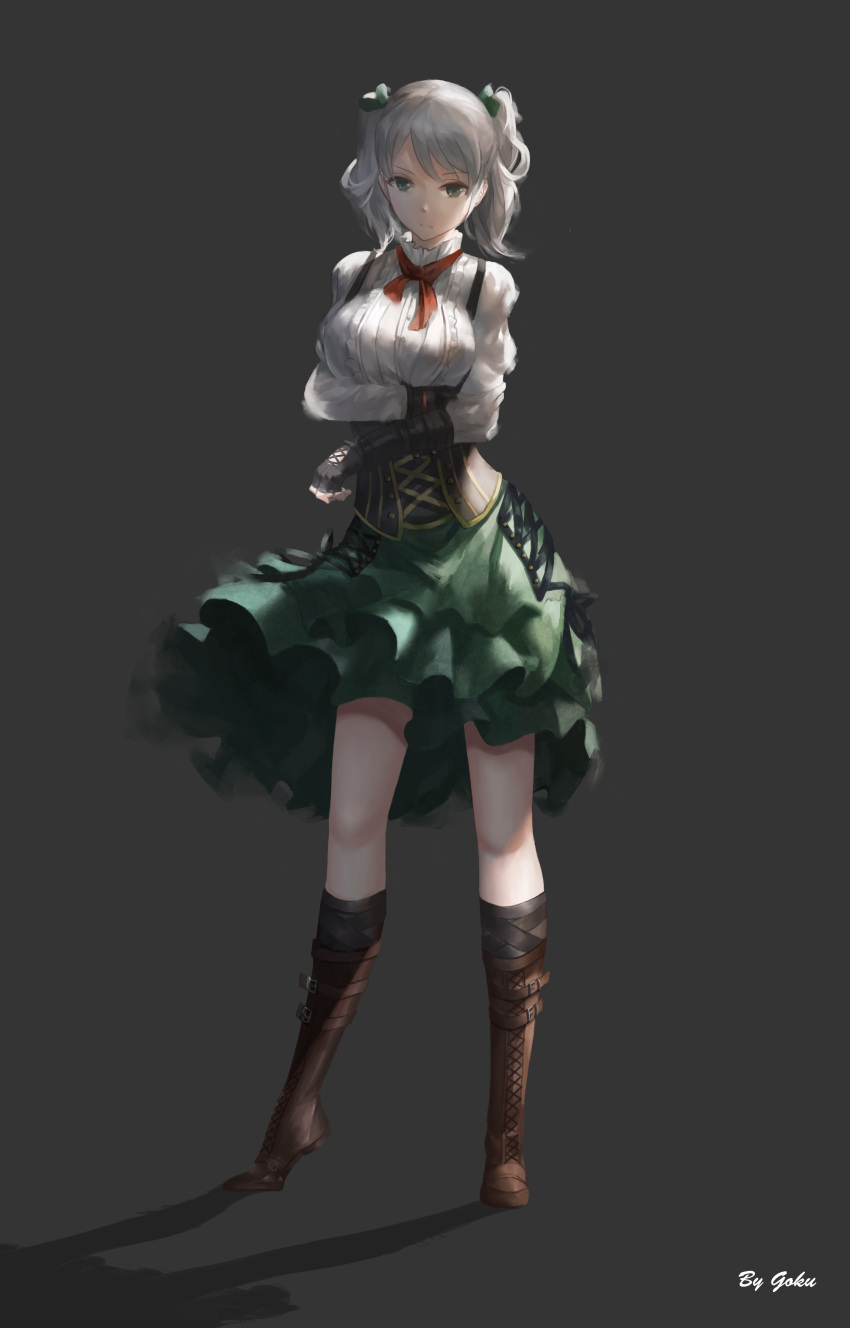 1girl absurdres artist_name bangs black_gloves black_legwear boots breasts brown_footwear center_frills ciel_alencon closed_mouth corset cross-laced_footwear crossed_arms elbow_gloves fingerless_gloves frills gloves god_eater god_eater_2:_rage_burst gokuhaaa green_eyes green_ribbon green_skirt grey_background hair_ribbon highres knee_boots kneehighs lace-up_boots large_breasts legs_apart looking_at_viewer medium_skirt neck_ribbon red_neckwear red_ribbon ribbon shadow shirt short_hair signature silver_hair simple_background skirt solo standing twintails white_shirt