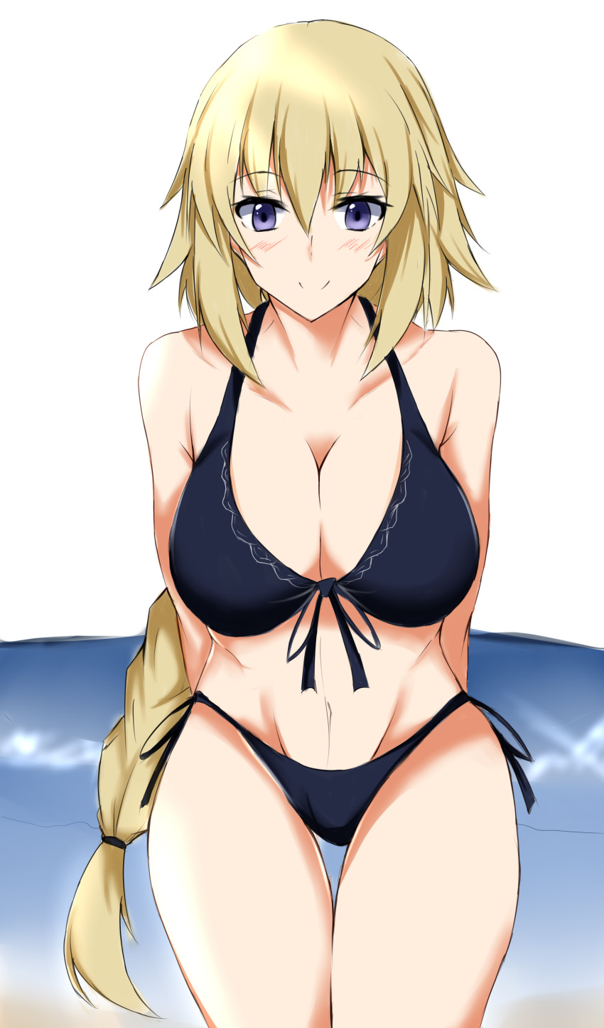 1girl absurdres alternate_costume bikini black_bikini blonde_hair blue_eyes blush braid breasts cleavage closed_mouth collarbone commentary_request eyebrows_visible_through_hair fate/apocrypha fate_(series) front-tie_top hair_between_eyes highres isshii13 jeanne_d'arc_(fate) jeanne_d'arc_(fate)_(all) large_breasts long_hair looking_at_viewer navel side-tie_bikini smile solo stomach swimsuit very_long_hair