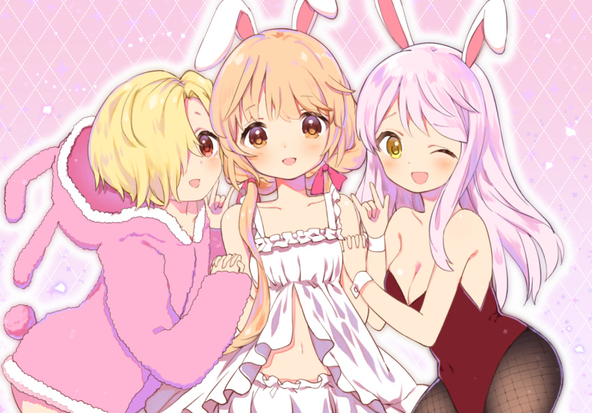 3girls :d ;d \m/ animal_ears animal_hood bangs bare_arms bare_shoulders black_legwear blonde_hair bloomers blush brown_eyes bunny_hood bunny_tail caracorn collarbone dress eve_santaclaus eyebrows_visible_through_hair fishnet_pantyhose fishnets futaba_anzu girl_sandwich hair_between_eyes hair_ornament hair_over_one_eye hand_holding hood hood_down idolmaster idolmaster_cinderella_girls interlocked_fingers kemonomimi_mode leaning_to_the_side leotard light_brown_hair long_hair looking_at_viewer multiple_girls navel one_eye_closed open_mouth pantyhose pink_background pink_hoodie pink_ribbon purple_hair rabbit_ears red_eyes red_leotard ribbon sandwiched shirasaka_koume smile strapless strapless_leotard tail underwear very_long_hair white_bloomers white_dress wrist_cuffs yellow_eyes