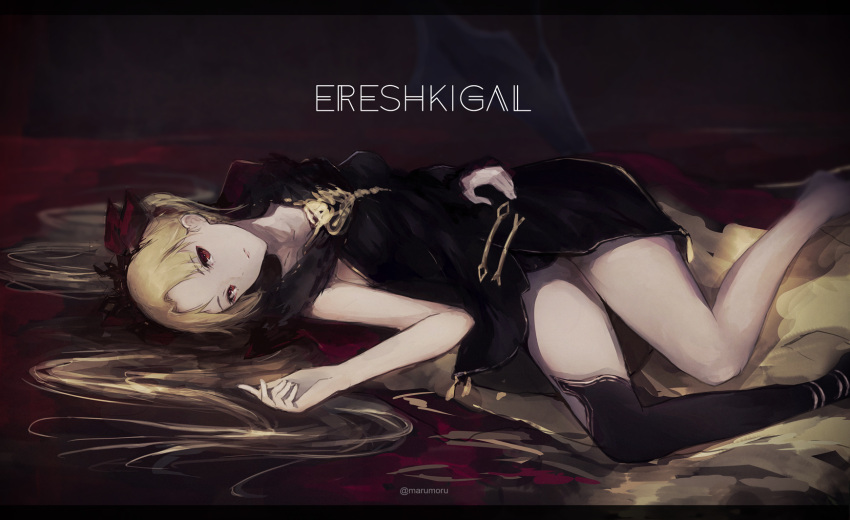 1girl bangs bare_arms bare_legs bare_shoulders barefoot black_dress black_legwear blonde_hair cape character_name closed_mouth dark_background dress ereshkigal_(fate/grand_order) expressionless fate/grand_order fate_(series) feet_out_of_frame hair_ribbon highres long_hair looking_at_viewer lying marumoru on_side parted_bangs red_eyes red_ribbon ribbon single_thighhigh sleeveless sleeveless_dress solo thigh-highs tohsaka_rin twintails very_long_hair
