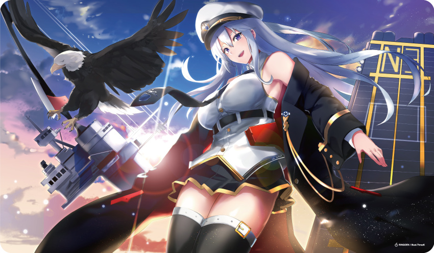 1girl azur_lane bangs bird bow_(weapon) breasts clouds cloudy_sky coat cowboy_shot crossbow eagle enterprise_(azur_lane) flight_deck hair_between_eyes hat highres large_breasts long_hair looking_at_viewer military military_uniform miniskirt necktie open_clothes open_coat open_mouth peaked_cap pleated_skirt ringoen_apple shirt silver_hair skirt sky sleeveless smile solo standing thigh-highs uniform violet_eyes weapon white_hat white_shirt