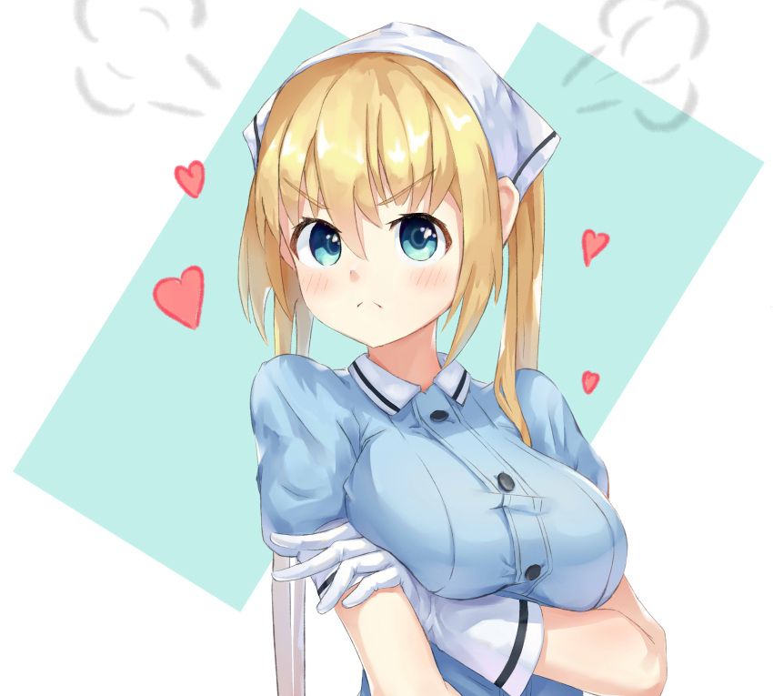 1girl absurdres blend_s blonde_hair blue_eyes blush breast_lift breasts frown gloves heart highres hinata_kaho large_breasts looking_at_viewer medium_hair pohdae pout simple_background solo stile_uniform tsundere upper_body white_gloves