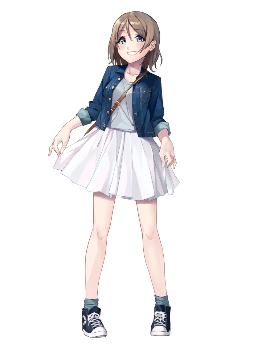 1girl :d bag bare_legs between_breasts black_footwear blue_eyes blue_legwear blue_shirt blush breast_pocket breasts brown_hair denim denim_jacket eyebrows_visible_through_hair ginopi grin highres legs_apart long_sleeves looking_at_viewer love_live! love_live!_sunshine!! medium_breasts open_mouth pocket shiny shiny_hair shirt shoes short_hair simple_background skirt_hold sleeves_pushed_up smile sneakers socks solo standing strap_cleavage tareme teeth watanabe_you white_background white_shirt