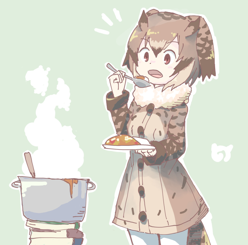 1girl book brown_coat brown_eyes brown_hair coat cowboy_shot curry curry_rice eating eurasian_eagle_owl_(kemono_friends) food fur_collar head_wings highres holding holding_plate holding_spoon kemono_friends long_sleeves open_mouth pantyhose pile_of_books plate pot rice solo spoon steam tail_feathers uepon_(shimo_ponzu) white_legwear