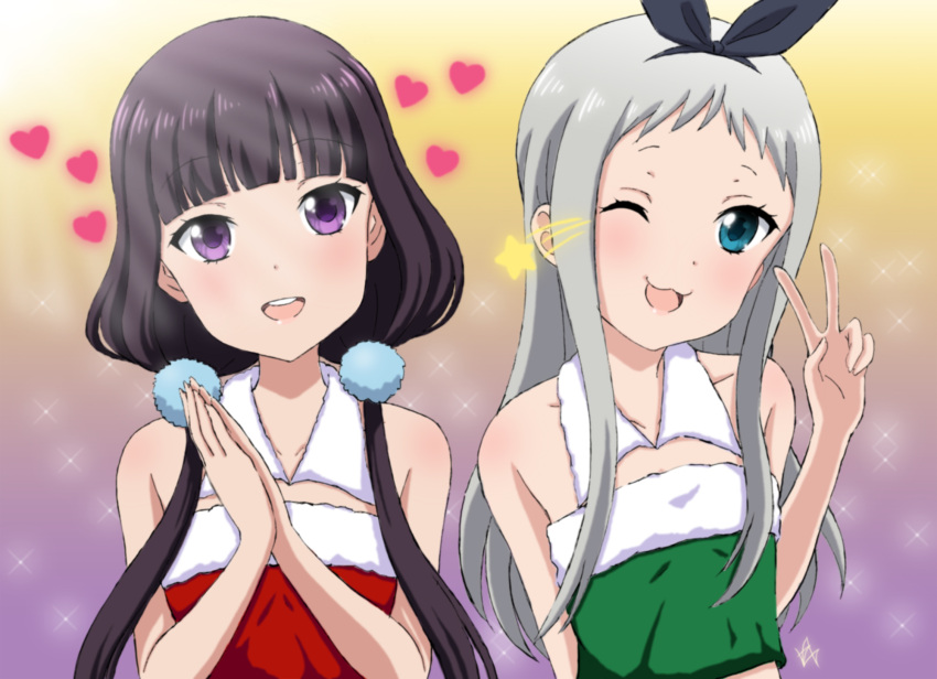 1boy 1girl ;3 ;d bangs bare_shoulders black_hair blend_s blunt_bangs blush christmas crop_top detached_collar eyebrows_visible_through_hair fur_trim green_eyes hairband hands_clasped heart highres kanzaki_hideri looking_at_viewer low_twintails one_eye_closed open_mouth own_hands_together pom_pom_(clothes) sakuranomiya_maika silver_hair smile star strapless trap tubetop twintails upper_body violet_eyes vzmk2