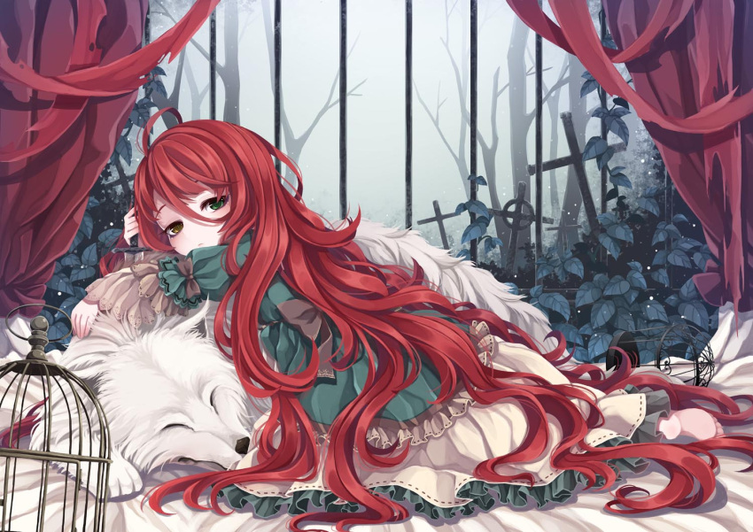 1girl absurdly_long_hair barefoot birdcage cage curtains dagger dog dress forest frilled_dress frills graveyard green_dress green_eyes heterochromia long_hair looking_at_viewer looking_back nature original redhead shiro_yurine sleeping solo tombstone very_long_hair weapon yellow_eyes