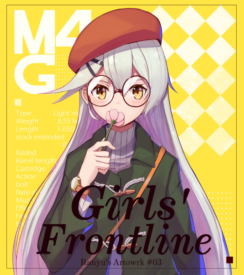 1girl arm_at_side artist_name bangs beret bespectacled black-framed_eyewear blush character_profile checkered checkered_background commentary_request copyright_name duffel_coat english flower girls_frontline glasses green_coat hair_ornament hairclip hat highres holding holding_flower long_sleeves looking_at_viewer mg4_(girls_frontline) ranyu red_hat revision round_eyewear silver_hair smelling solo tareme turtleneck upper_body watch watch yellow_background yellow_eyes