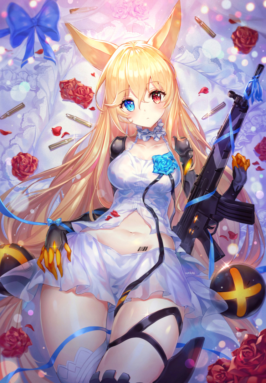 1girl animal_ears blonde_hair blue_bow blue_eyes blush bow flower g41_(girls_frontline) girls_frontline gun h&amp;k_g41 hair_between_eyes hand_on_hip highres hips holding holding_gun holding_weapon long_hair looking_at_viewer lying narae navel on_back pillow red_eyes red_rose rifle rose shiny very_long_hair weapon white_legwear