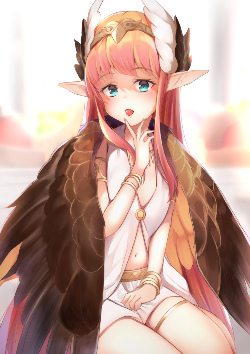 1girl bangs blue_eyes blurry blurry_background blush bracelet brown_wings circe_(fate) commentary_request depth_of_field dress eyebrows_visible_through_hair fate/grand_order fate_(series) feathered_wings fingernails head_wings highres jewelry long_hair looking_at_viewer maosame mouth_hold nail_polish navel necklace parted_lips pink_hair pink_nails pointy_ears sitting skirt sleeveless sleeveless_dress solo white_dress white_skirt wings yokozuwari