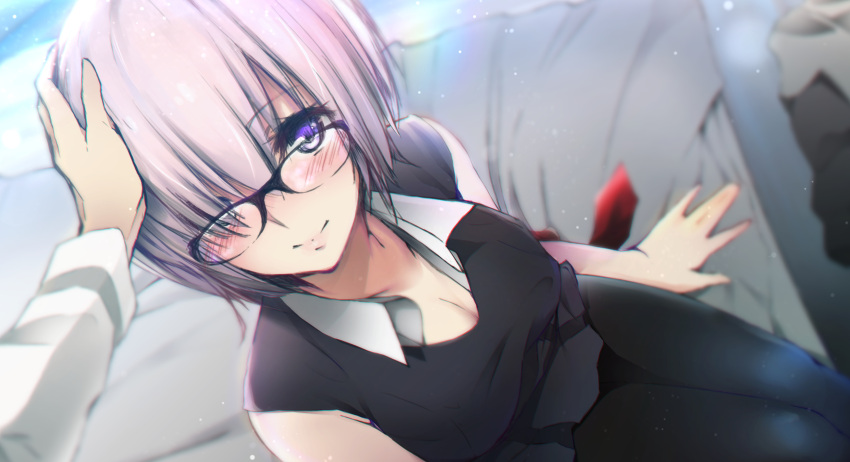 1girl absurdres bed bed_sheet black-framed_eyewear black_dress black_legwear blush breasts cleavage closed_mouth dress fate/grand_order fate_(series) from_above glasses hand_on_another's_head highres kappipe_(brd0520) light_particles long_sleeves looking_at_viewer looking_up mash_kyrielight medium_breasts on_bed pantyhose petting pink_hair pov short_hair sitting sleeveless sleeveless_dress smile solo_focus tareme violet_eyes