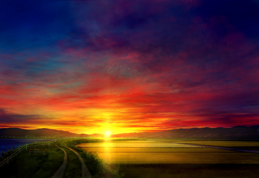 blue_sky clouds fence gradient_sky horizon mks mountain mountainous_horizon no_humans original outdoors red_sky rice_paddy river road scenery sky sun sunlight sunset