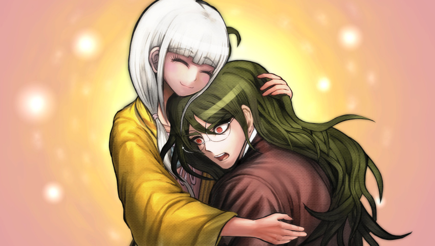 1boy 1girl bangs blazer blunt_bangs brown_hair closed_eyes collarbone dangan_ronpa dark_skin game_cg glasses gokuhara_gonta highres hug jacket komatsuzaki_rui long_hair new_dangan_ronpa_v3 official_art open_mouth raised_eyebrows red_eyes round_eyewear school_uniform silver_hair smile surprised teeth twintails yellow_jacket yonaga_angie