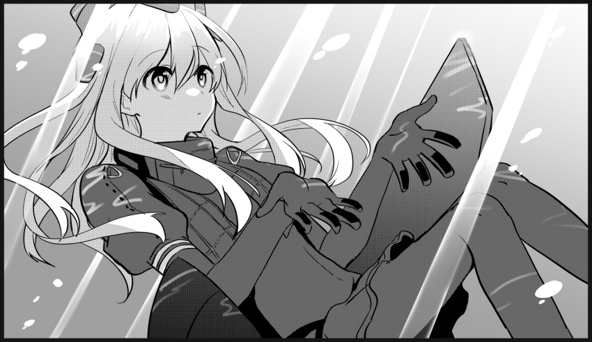 1girl afloat black_border border closed_mouth elbow_gloves eyebrows_visible_through_hair feet_out_of_frame gloves greyscale hair_between_eyes hat headgear kantai_collection long_hair looking_up monochrome niyokichi pantyhose pleated_skirt puffy_short_sleeves puffy_sleeves short_sleeves skirt solo sunlight u-511_(kantai_collection) underwater