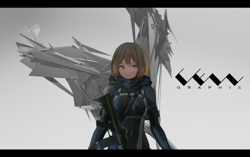 1girl bodysuit brown_eyes brown_hair cancell covered_navel gradient gradient_background gun highres hood hood_down looking_to_the_side original rifle science_fiction short_hair solo standing upper_body weapon