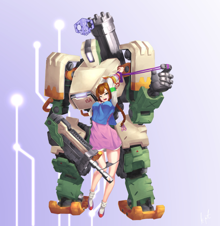 1girl absurdres alternate_costume alternate_hairstyle arms_up bangs bastion_(overwatch) black_panties braid breasts brown_eyes brown_hair bunny_hair_ornament commentary_request d.va_(overwatch) distress facial_mark full_body gatling_gun gradient gradient_background gun hair_ornament hanbok highres korean_clothes long_hair long_sleeves looking_at_another looking_at_viewer looking_down medium_breasts mute_(c20029) open_mouth overwatch palanquin_d.va panties panty_pull pink_skirt purple_background restrained robot shoes skirt socks standing striped_sleeves teeth underwear weapon whisker_markings white_legwear