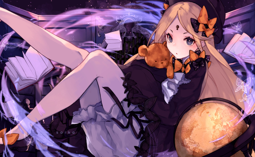 1girl :o abigail_williams_(fate/grand_order) artist_name bangs black_bow black_dress black_footwear black_hat blonde_hair bloomers blue_eyes blush book bow butterfly commentary_request dress fate/grand_order fate_(series) gate globe hair_bow hat keyhole long_hair long_sleeves looking_at_viewer object_hug open_book orange_bow parted_bangs parted_lips polka_dot polka_dot_bow reclining saika_(saika_nyan) short_hair sleeves_past_wrists solo stuffed_animal stuffed_toy teddy_bear underwear very_long_hair white_bloomers