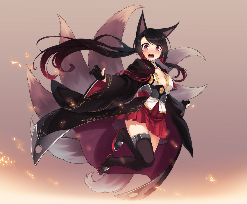 1girl absurdres akagi_(azur_lane) akagi_(azur_lane)_(cosplay) animal_ears azur_lane bangs black_gloves black_hair black_legwear blush boots breasts cosplay embarrassed eyebrows_visible_through_hair fox_ears fox_tail full_body gloves gradient gradient_background highres japanese_clothes long_hair multiple_tails open_mouth original oversized_breast_cup pleated_skirt setsuna_(miraichizu) sidelocks simple_background skirt small_breasts solo swept_bangs tail tears thigh-highs thigh_boots very_long_hair violet_eyes wavy_mouth wide_sleeves zero_(miraichizu) zettai_ryouiki