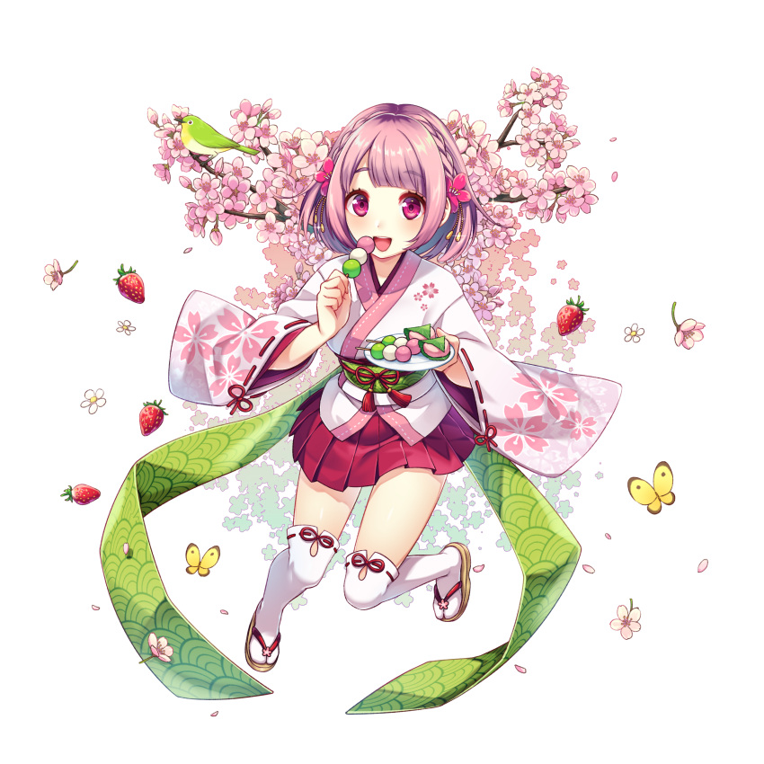 1girl :d absurdres animal bangs bird blush braid butterfly cherry_blossom_print cherry_blossoms commentary_request dango eyebrows_visible_through_hair flower food fruit hair_flower hair_ornament highres holding holding_plate japanese_clothes kimono looking_at_viewer obi open_mouth original personification petals pink_eyes pink_hair pink_kimono plate pleated_skirt print_kimono red_ribbon red_skirt ribbon ribbon-trimmed_legwear ribbon-trimmed_sleeves ribbon_trim sakura_chiyo_(konachi000) sandals sanshoku_dango sash short_hair short_kimono skirt smile solo strawberry tabi teeth thigh-highs transparent_background twitter_username upper_teeth violet_eyes wagashi white_legwear zouri