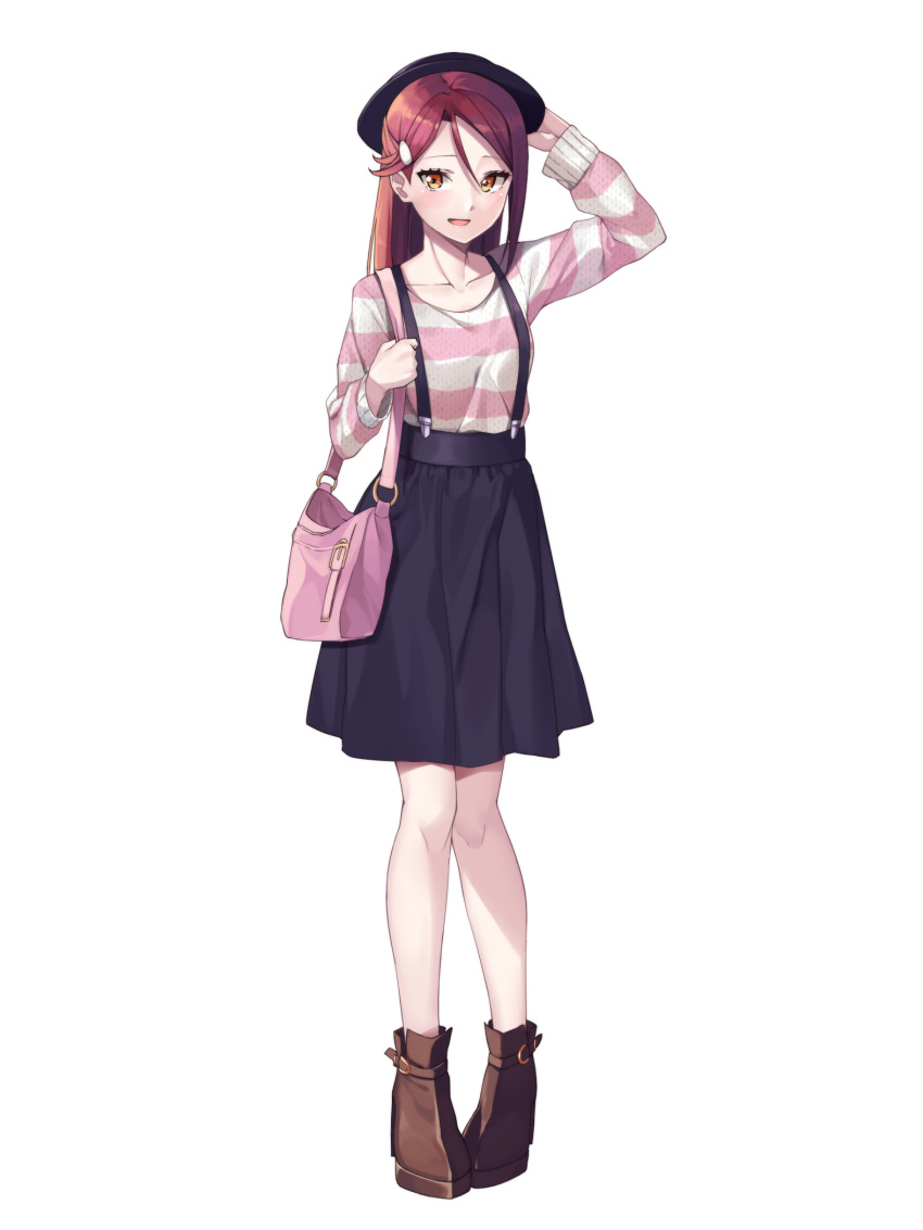 1girl :d adjusting_clothes adjusting_hat ankle_boots bag black_hat black_skirt blush boots brown_eyes brown_footwear casual collarbone fedora full_body ginopi hair_between_eyes hair_ornament hairclip hand_on_headwear handbag hat highres long_hair long_sleeves looking_at_viewer love_live! love_live!_sunshine!! no_socks open_mouth pigeon-toed redhead sakurauchi_riko shirt shoulder_bag simple_background skirt smile solo straight_hair striped striped_shirt suspender_skirt suspenders white_background