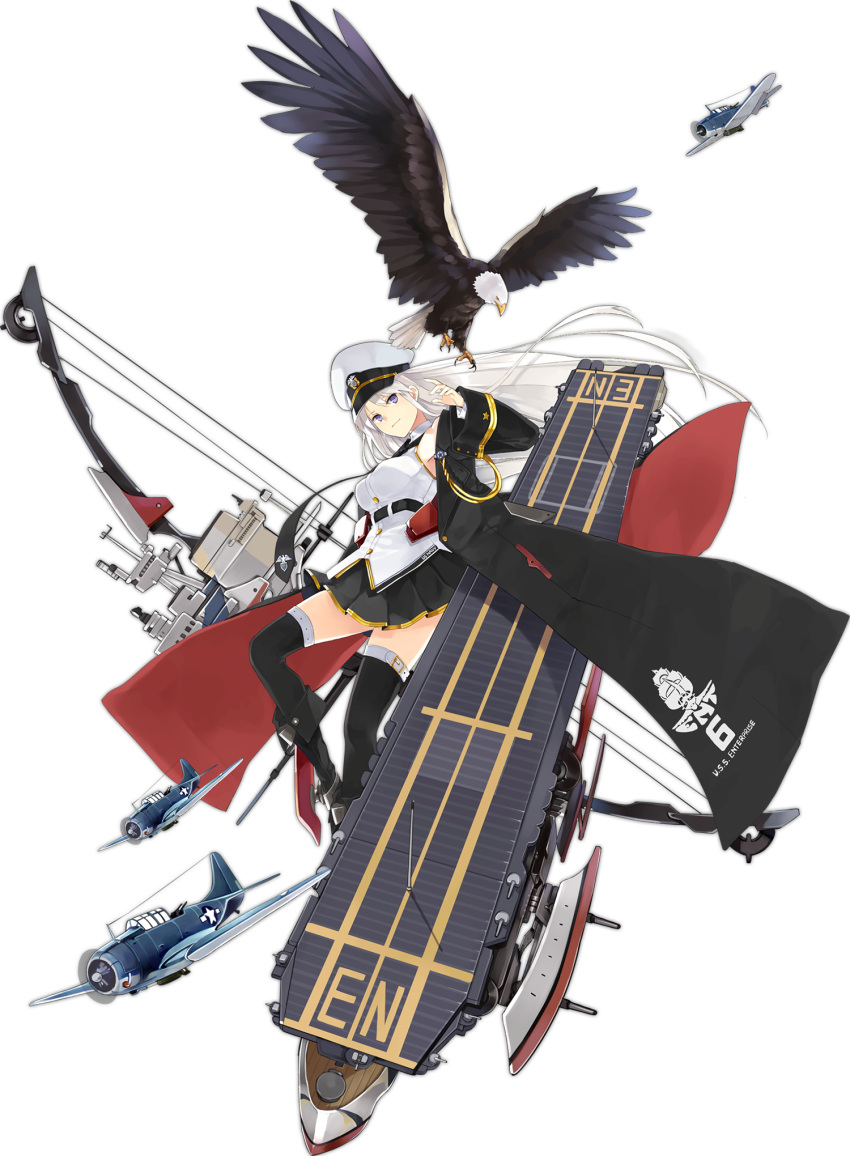 aircraft airplane animal azur_lane bangs bare_shoulders belt bird black_coat black_legwear boots bow_(weapon) breasts crossbow detached_sleeves eagle enterprise_(azur_lane) flight_deck full_body hao_(patinnko) hat highres holding holding_bow_(weapon) holding_weapon jacket knee_boots large_breasts long_hair military military_vehicle miniskirt necktie official_art open_clothes open_jacket pleated_skirt shirt silver_hair skirt sleeveless sleeveless_shirt thigh-highs transparent_background very_long_hair violet_eyes weapon white_cap white_shirt wings zettai_ryouiki