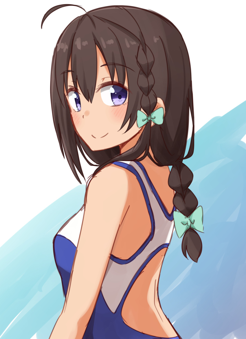 1girl backless_outfit bangs black_hair blue_swimsuit blush bow braid breasts casual_one-piece_swimsuit closed_mouth eyebrows_visible_through_hair green_bow hair_between_eyes hair_bow high_school_fleet highres kapatarou looking_at_viewer looking_back multicolored multicolored_clothes multicolored_swimsuit one-piece_swimsuit open-back_swimsuit side_braid small_breasts smile solo swimsuit uchida_mayumi violet_eyes white_swimsuit