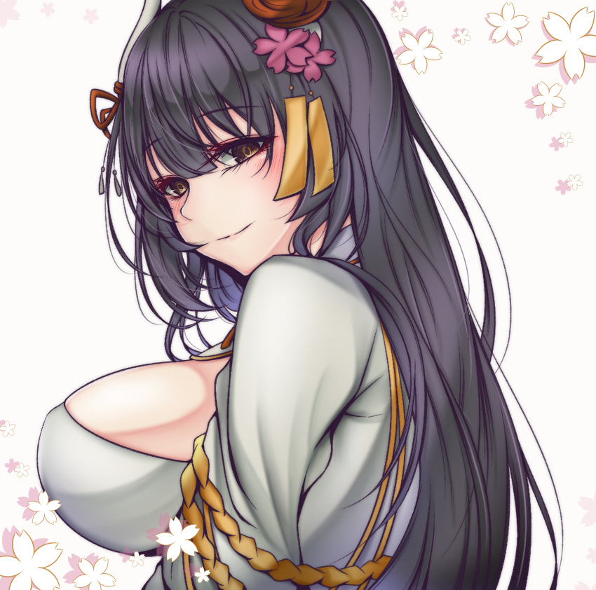 1girl azur_lane black_hair breasts cherry_blossoms cleavage_cutout eyebrows_visible_through_hair flower hair_between_eyes hair_flower hair_ornament hiei_(azur_lane) highres horns large_breasts long_hair looking_at_viewer smile solo tetsu_(excalibur920) upper_body white_background yellow_eyes