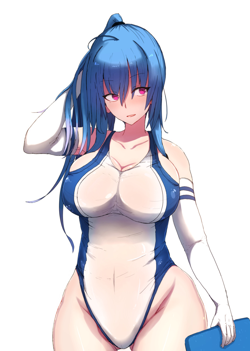 1girl adjusting_hair ahoge arm_up azur_lane bakuretsu_tenshi bangsy bare_shoulders blue_hair blush breasts cleavage collarbone competition_swimsuit covered_navel cowboy_shot elbow_gloves eyebrows_visible_through_hair gloves gluteal_fold groin hand_in_hair highres holding large_breasts long_hair looking_away looking_to_the_side one-piece_swimsuit parted_lips pink_eyes ponytail shiworiita simple_background skin_tight solo st._louis_(azur_lane) standing swimsuit tsurime white_background white_gloves white_swimsuit