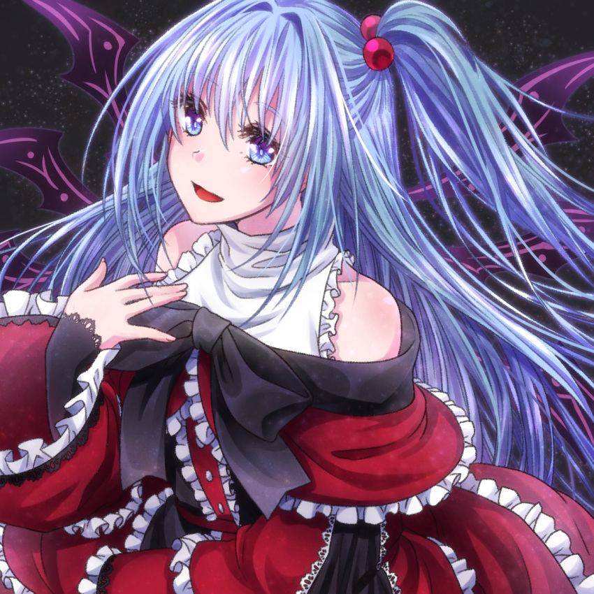 1girl :d black_bow blue_eyes bow dress frilled_dress frilled_sleeves frills hair_bobbles hair_ornament highres ice_(aitsugai) long_hair multiple_wings open_mouth red_capelet red_dress shinki side_ponytail silver_hair smile solo touhou touhou_(pc-98) wide_sleeves wings