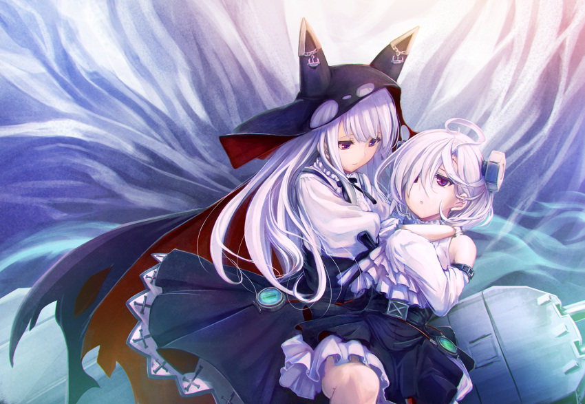 2girls ahoge azur_lane bare_shoulders black_skirt cape detached_sleeves erebus_(azur_lane) frills gloves hair_over_one_eye highres hood long_hair looking_at_another multiple_girls red_eyes short_hair skirt sleeves_past_wrists stitches tenmaso terror_(azur_lane) violet_eyes white_gloves white_hair