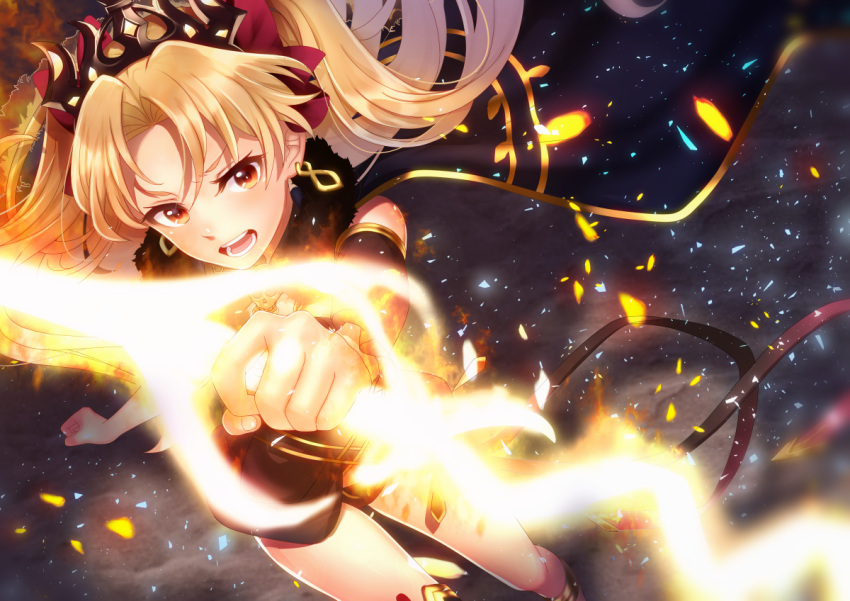 1girl anklet asymmetrical_legwear asymmetrical_sleeves bangs black_cape blonde_hair blush cape commentary_request earrings embers ereshkigal_(fate/grand_order) fate/grand_order fate_(series) fur-trimmed_cape fur_trim glowing glowing_weapon hair_ribbon holding holding_weapon infinity jewelry kurono_kito light_particles long_hair looking_at_viewer open_mouth parted_bangs red_eyes red_ribbon ribbon single_detached_sleeve single_sleeve single_thighhigh solo thigh-highs tiara tohsaka_rin two_side_up weapon