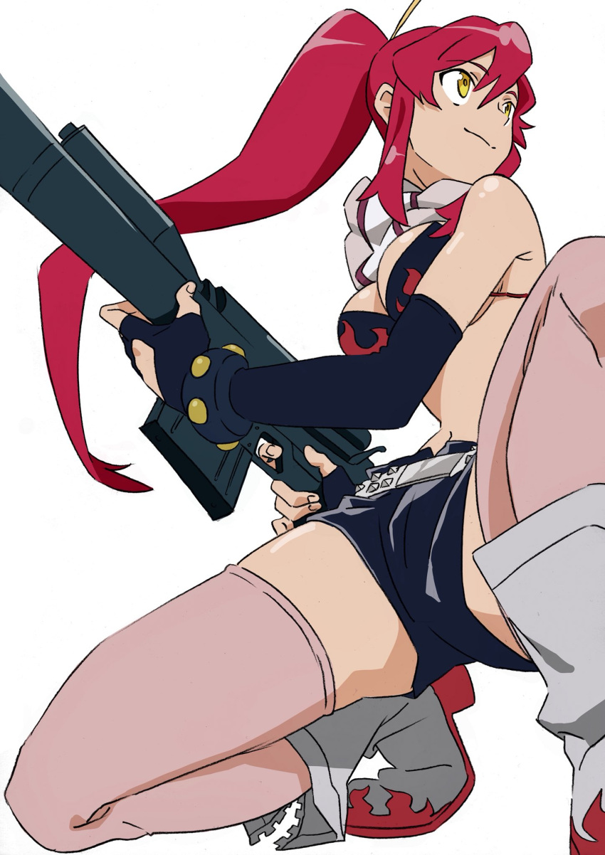 1girl anti-materiel_rifle arai_hiroki bare_shoulders belt bikini_top boots breasts cleavage elbow_gloves fingerless_gloves flame_print gloves gun hair_ornament hair_stick highres large_breasts long_hair one_knee pink_legwear ponytail redhead rifle scarf shiny shiny_hair shiny_skin short_shorts shorts sidelocks simple_background smile sniper_rifle solo striped striped_scarf studded_belt studded_bracelet tengen_toppa_gurren_lagann thigh-highs unzipped weapon white_background white_footwear yellow_eyes yoko_littner