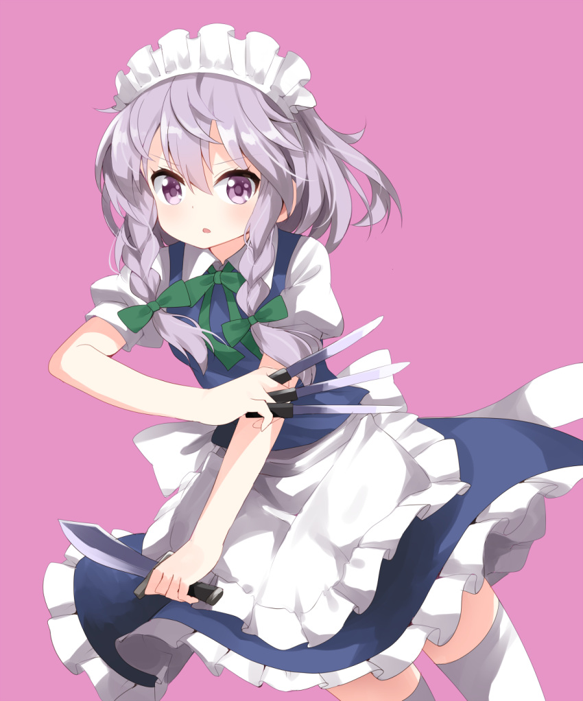 1girl apron blue_eyes blue_skirt blue_vest blush bow braid breasts collared_shirt cowboy_shot frilled_apron frilled_skirt frills green_bow hair_bow highres holding holding_knife izayoi_sakuya knife knives_between_fingers looking_at_viewer maid maid_headdress parted_lips puffy_short_sleeves puffy_sleeves ruu_(tksymkw) shirt short_sleeves silver_hair skirt small_breasts solo thigh-highs touhou twin_braids vest waist_apron white_legwear white_shirt