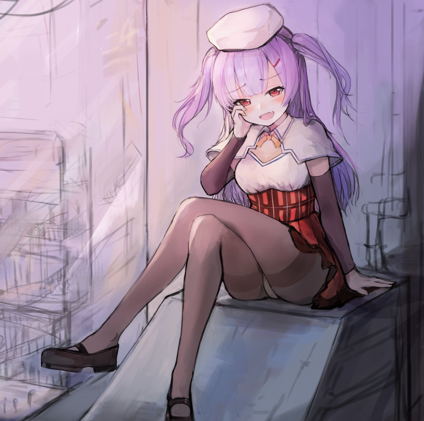 1girl :d ajax_(azur_lane) arm_at_side azur_lane bangs beret black_footwear black_legwear blunt_bangs blush breasts broche_(timpet) capelet cleavage cleavage_cutout detached_sleeves eyebrows_visible_through_hair hair_ornament hairclip hand_on_own_cheek hat heart heart-shaped_pupils high-waist_skirt highres lavender_hair legs_crossed long_sleeves looking_at_viewer mary_janes naughty_face neck_ribbon open_mouth panties pantyhose pantyshot pantyshot_(sitting) plaid plaid_skirt red_eyes red_skirt ribbon shoes sitting sketch skirt small_breasts smile solo symbol-shaped_pupils thighband_pantyhose two_side_up underwear white_hat yellow_neckwear yellow_ribbon