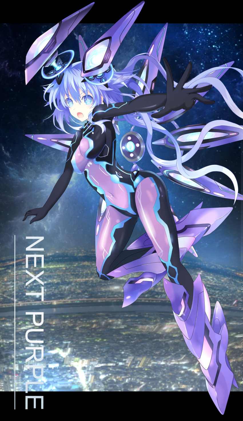 1girl absurdres armor armored_boots bodysuit boots breasts covered_navel floating full_body headgear highres long_hair looking_at_viewer medium_breasts multiple_wings neptune_(series) next_purple open_mouth power_symbol purple_hair ramu-on@_shinon shin_jigen_game_neptune_vii skin_tight solo symbol-shaped_pupils very_long_hair wings
