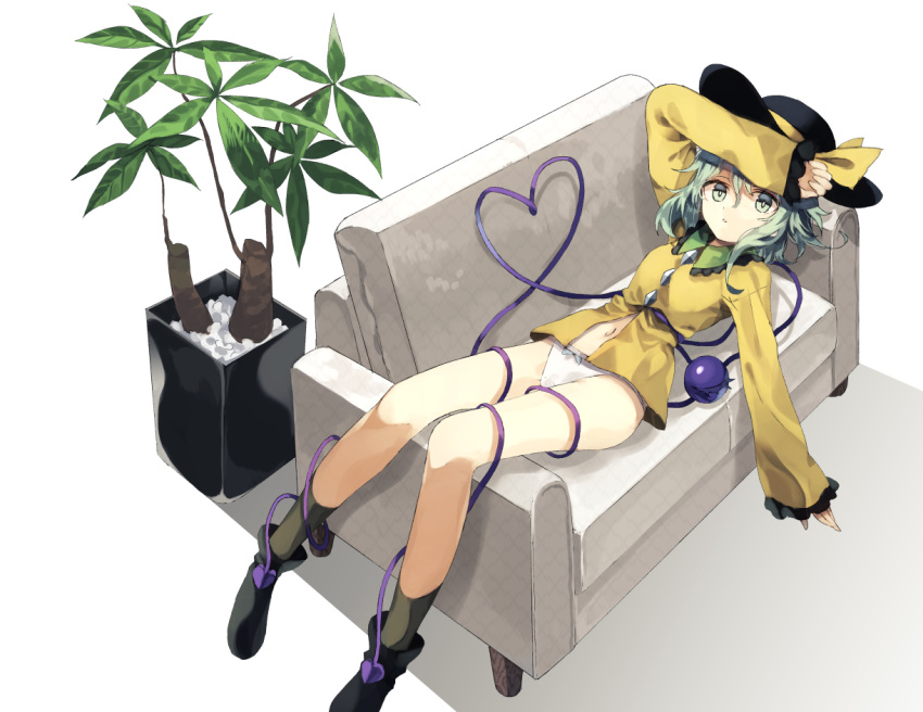 1girl black_footwear black_legwear commentary_request couch green_eyes green_hair hat heart heart_of_string kasuka_(kusuki) komeiji_koishi long_sleeves looking_at_viewer lying navel no_pants on_back panties plant shirt shoes short_hair solo third_eye touhou underwear white_panties yellow_shirt