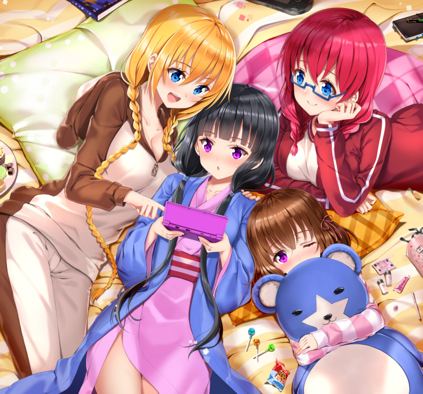 4girls :d :o amano_miu animal_hood arm_support bag bangs bear_hood black_hair blend_s blonde_hair blue-framed_eyewear blue_eyes blunt_bangs blush braid breasts brown_hair candy closed_mouth collarbone commentary_request cosmetics covered_mouth eyebrows_visible_through_hair food glasses hair_between_eyes hair_ribbon hand_on_another's_shoulder handbag handheld_game_console haori head_rest highres hinata_kaho holding hood hood_down hoodie hoshikawa_mafuyu jacket japanese_clothes kimono large_breasts lollipop long_hair long_sleeves low_twintails lying medium_breasts multiple_girls nose_blush notebook object_hug on_back on_side on_stomach one_eye_closed open_mouth oversized_object pants parted_lips pink_kimono pink_ribbon plaid_pillow plate playing_games pointing polka_dot_pillow red_jacket redhead ribbon sakuranomiya_maika shirt small_breasts smile star striped striped_shirt stuffed_animal stuffed_toy sweets swordsouls teddy_bear track_jacket twin_braids twintails under-rim_eyewear very_long_hair violet_eyes white_shirt wide_sleeves