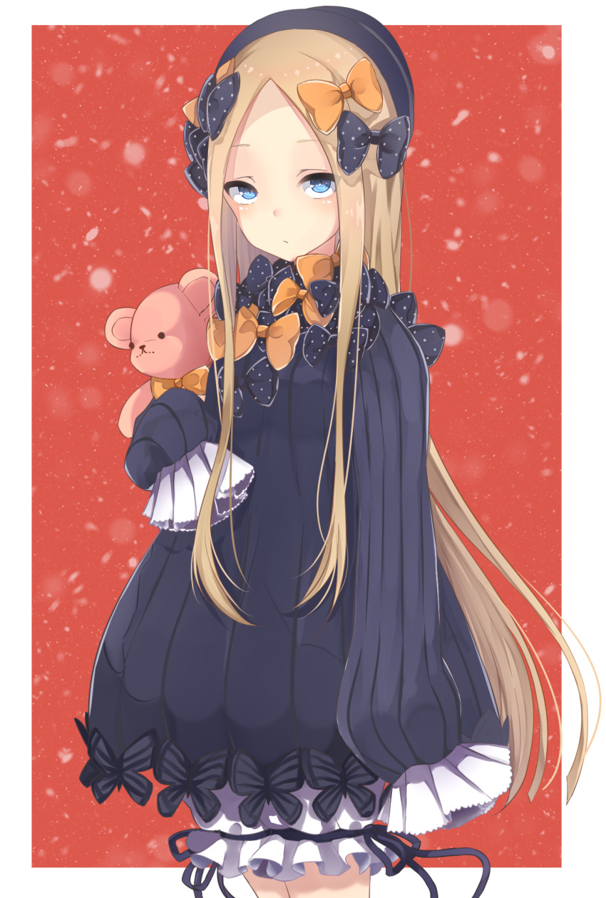 1girl abigail_williams_(fate/grand_order) arm_at_side bangs black_bow black_dress black_hat blonde_hair bloomers blue_eyes blush bow butterfly closed_mouth commentary_request dress fate/grand_order fate_(series) forehead hair_bow hat highres kokiri_miki long_hair long_sleeves looking_at_viewer object_hug orange_bow parted_bangs polka_dot polka_dot_bow sleeves_past_wrists solo stuffed_animal stuffed_toy teddy_bear underwear very_long_hair white_bloomers