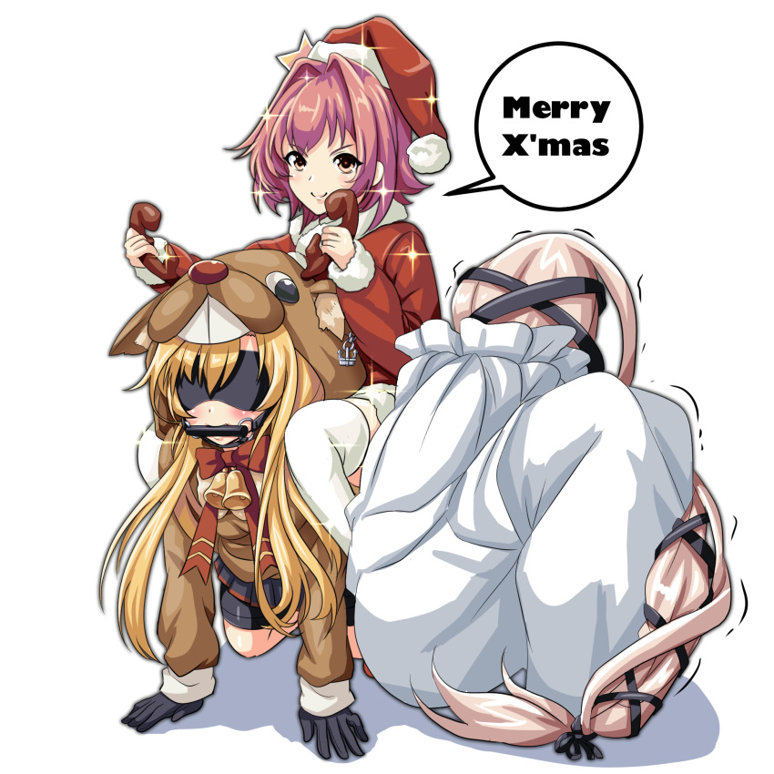 3girls abukuma_(kantai_collection) antlers capelet christmas commentary_request dress english fur_trim gift gloves hair_ribbon hair_rings hat highres kantai_collection kinu_(kantai_collection) long_hair merry_christmas multiple_girls pink_hair ponytail red_dress redhead ribbon sack santa_costume santa_hat short_hair smile speech_bubble tk8d32 twintails very_long_hair yura_(kantai_collection)