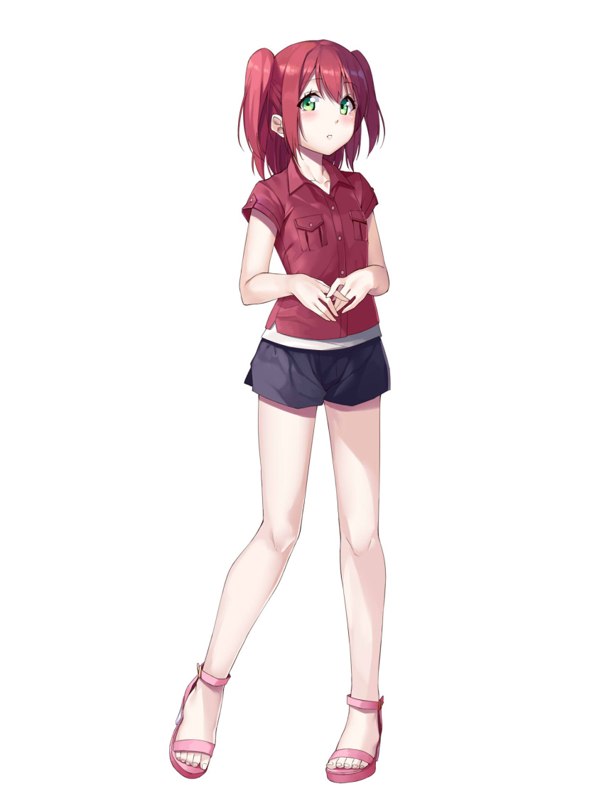 1girl :o bangs bare_legs black_shorts blush breast_pocket buttons collared_shirt eyebrows_visible_through_hair full_body ginopi green_eyes highres kurosawa_ruby legs_apart looking_at_viewer love_live! love_live!_sunshine!! own_hands_together parted_lips pink_footwear pocket red_shirt redhead sandals shirt short_shorts short_sleeves short_twintails shorts simple_background solo standing toes twintails white_background wing_collar