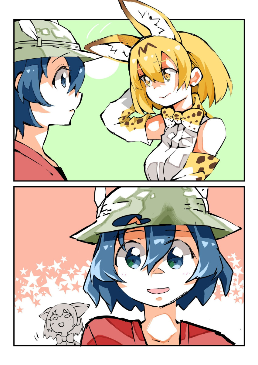 3girls animal_ears blue_hair bow bowtie bucket_hat comic eyebrows_visible_through_hair hat hat_feather highres kaban_(kemono_friends) kemono_friends multicolored_hair multiple_girls red_shirt sand_cat_(kemono_friends) serval_(kemono_friends) serval_ears serval_print shirt sleeveless sleeveless_shirt sunagawa383 translation_request two-tone_hair