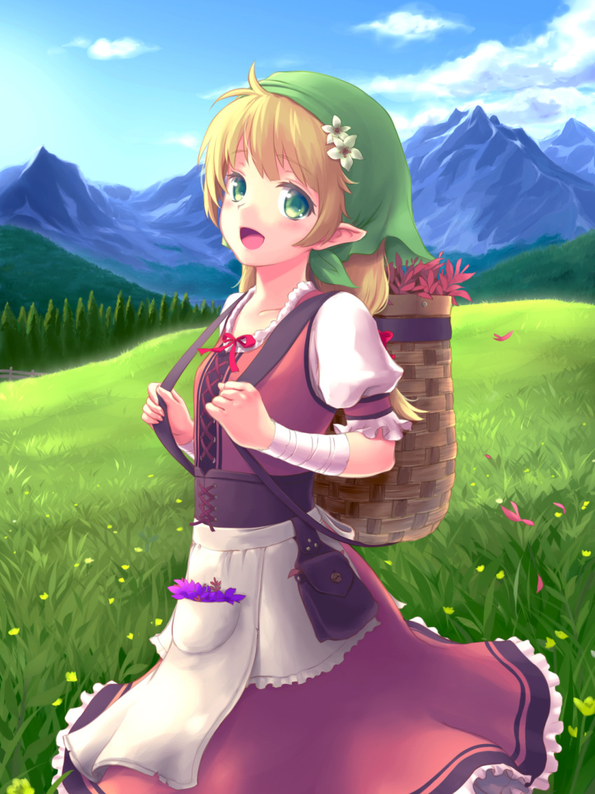 1girl :d antenna_hair apophis_str apron bag bandage bandaged_arm bangs blonde_hair blue_sky blush day dress elf eyebrows_visible_through_hair field flower frilled_dress frilled_sleeves frills grass green_eyes hair_flower hair_ornament hair_ribbon head_scarf herb highres long_hair looking_at_viewer low-tied_long_hair mountain mountainous_horizon open_mouth original outdoors pocket pointy_ears puffy_short_sleeves puffy_sleeves red_dress red_ribbon ribbon short_sleeves sky smile solo standing tareme waist_apron white_apron