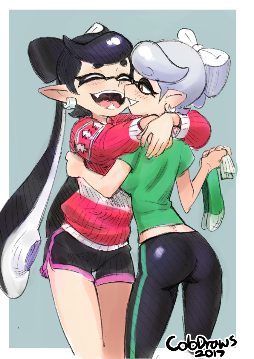 2girls absurdres alternate_costume aori_(splatoon) ass christmas christmas_sweater colo_(nagrolaz) cousins cowboy_shot domino_mask earrings fangs highres hotaru_(splatoon) hug jewelry long_sleeves mask multiple_girls mutual_hug open_mouth pointy_ears shirt short_sleeves shorts simple_background smile socks splatoon splatoon_1 squid sweater t-shirt tentacle_hair