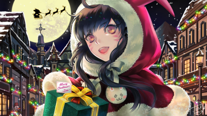 1girl ahoge artist_name bow box brown_eyes brown_hair building capelet christmas christmas_lights cloak commentary d.va_(overwatch) dated dress facepaint facial_mark full_moon fur_trim gift gift_box highres holding hood hood_up hooded_cloak husky_(user_ckra4535) lamppost long_hair looking_at_viewer making_of mecha meka_(overwatch) merry_christmas moon night open_mouth overwatch pom_pom_(clothes) red_dress reindeer santa_costume signature silhouette sleigh smile snow snowing solo town whisker_markings window